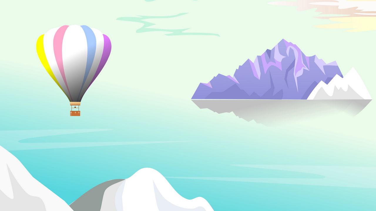 Обои воздушный шар, горы, пейзаж, арт, вектор