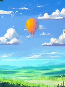 Превью обои воздушный шар, небо, облака, поле, арт