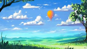 Превью обои воздушный шар, небо, облака, поле, арт