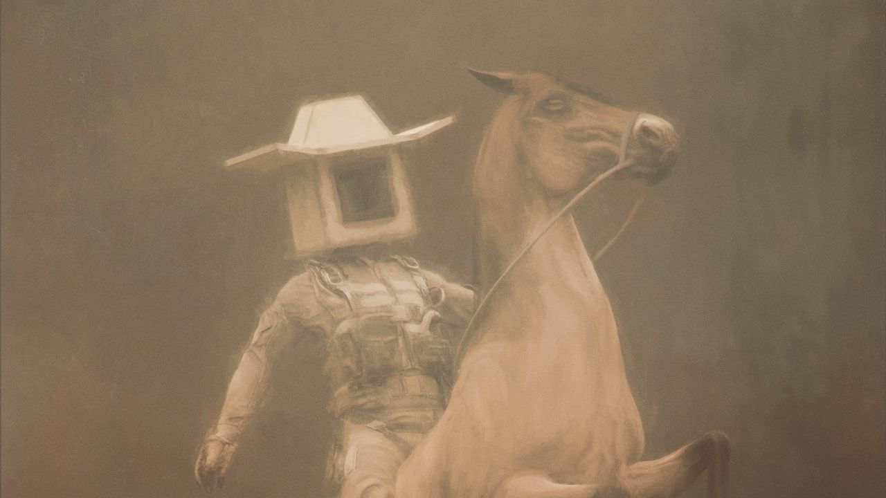 Обои всадник, ковбой, куб, лошадь, фэнтези, арт