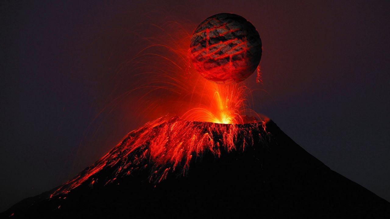 Обои вулкан, лава, искры, трещины, шар