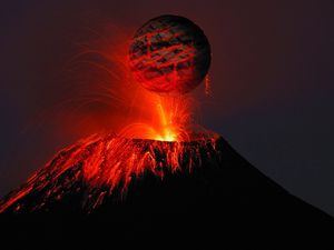 Превью обои вулкан, лава, искры, трещины, шар