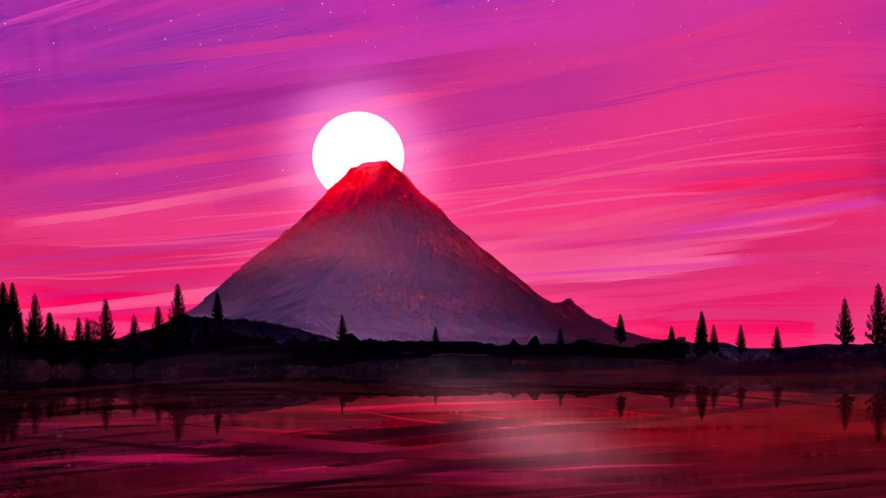 Обои вулкан, солнце, закат, пейзаж, арт