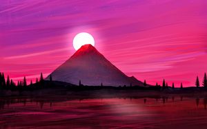 Превью обои вулкан, солнце, закат, пейзаж, арт