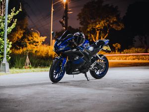 Превью обои yamaha, мотоцикл, синий, байк, шлем