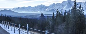 Превью обои забор, деревья, лес, горы