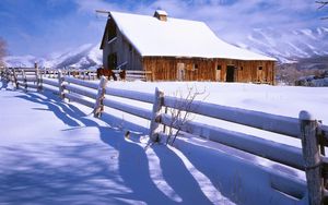 Превью обои забор, снег, лошади, ферма