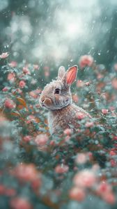 Превью обои заяц, кролик, дождь, листья, весна, пасха