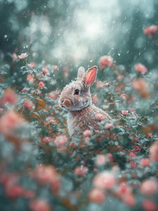 Превью обои заяц, кролик, дождь, листья, весна, пасха