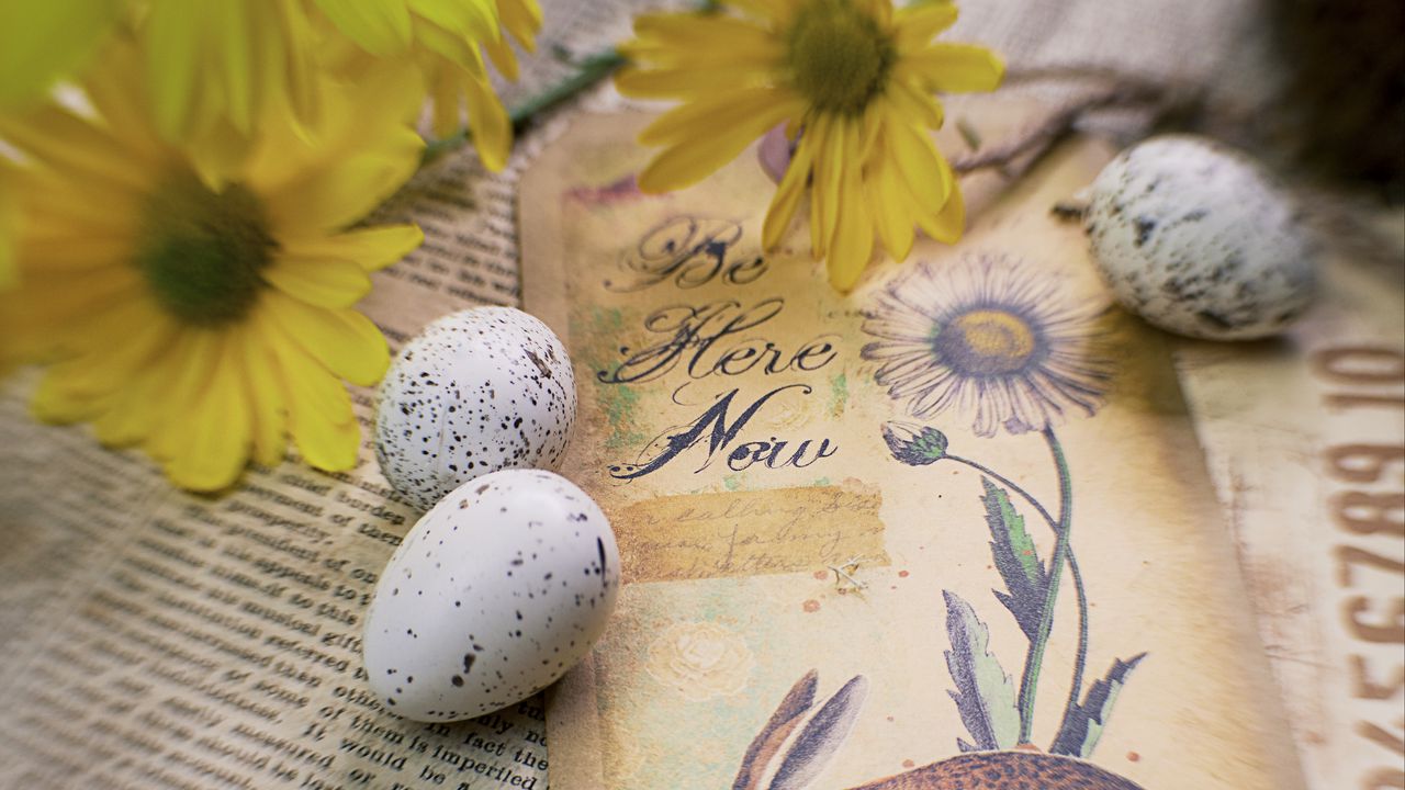 Обои заяц, открытка, яйца, цветы, весна