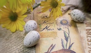 Превью обои заяц, открытка, яйца, цветы, весна