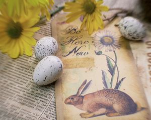 Превью обои заяц, открытка, яйца, цветы, весна