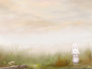 Превью обои заяц, утро, трава, медведь, рисунок, туман