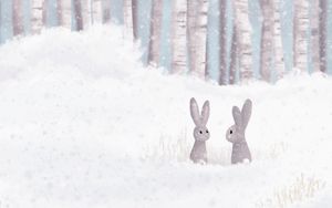Превью обои зайцы, лес, снег, зима, арт
