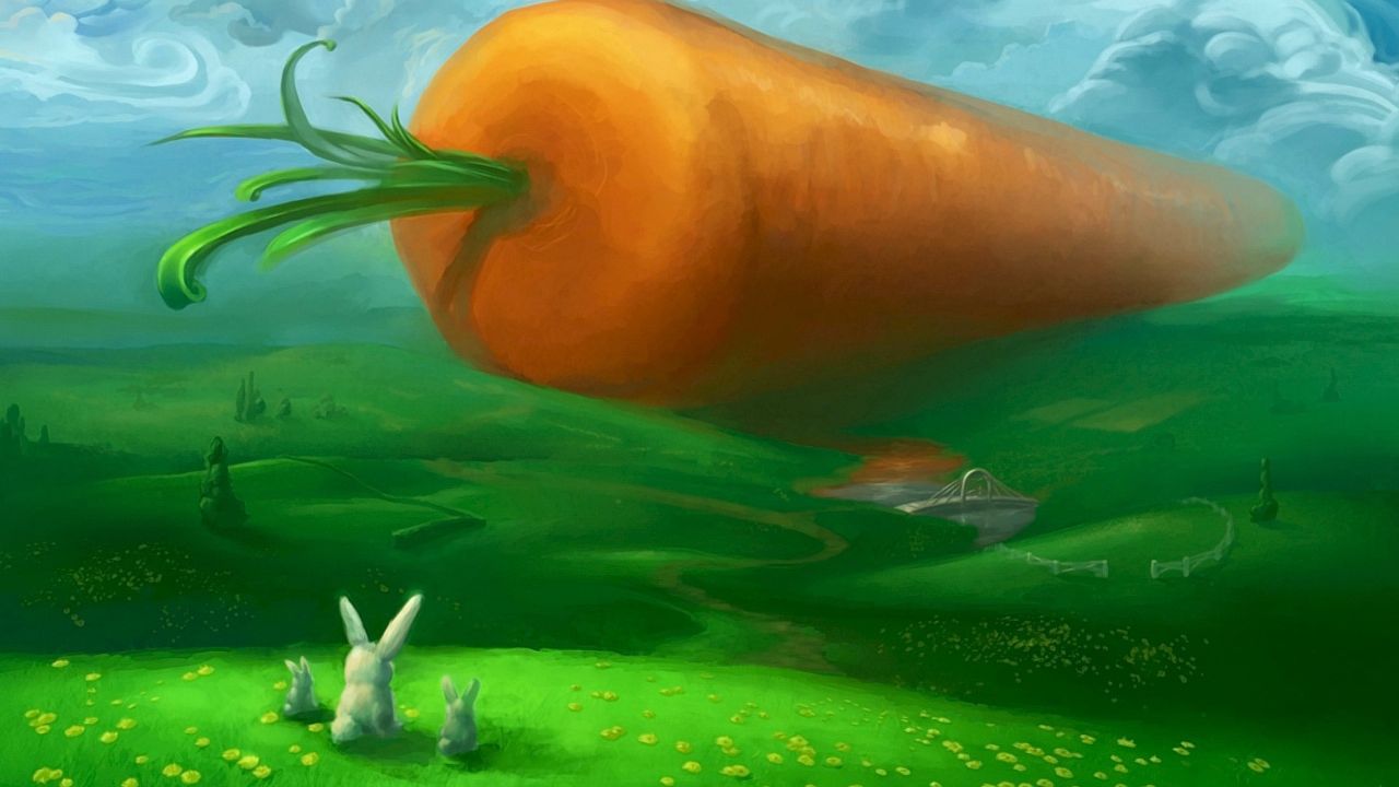 Обои зайцы, морковь, огромный, удивление, ожидание