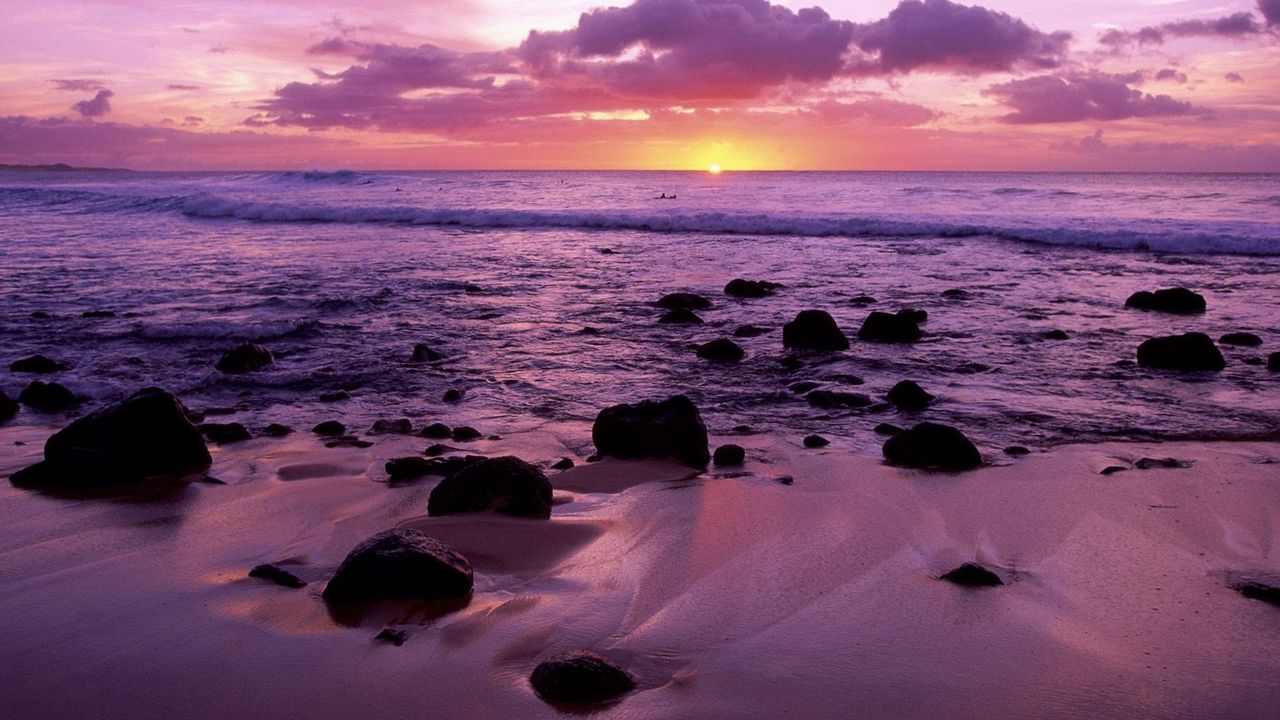 Обои закат, гавайи, вечер, море, песок, камни