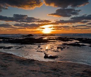 Превью обои закат, море, берег, пейзаж