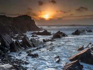 Превью обои закат, море, скалы, волны, пейзаж