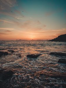 Превью обои закат, море, вода, скалы, природа