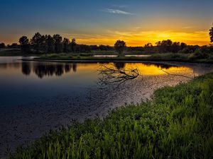 Превью обои закат, озеро, коряги, ветки, небо, оранжевый, спокойствие