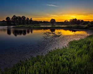 Превью обои закат, озеро, коряги, ветки, небо, оранжевый, спокойствие