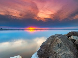 Превью обои закат, скалы, вода, камни, пейзаж