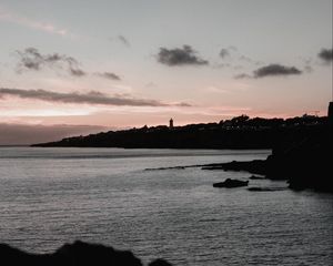 Превью обои закат, вечер, море, скалы, небо