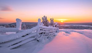 Превью обои закат, зима, забор, пейзаж