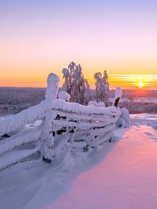 Превью обои закат, зима, забор, пейзаж