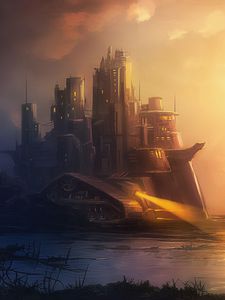 Превью обои замок, архитектура, закат, фэнтези, арт