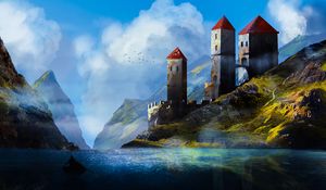 Превью обои замок, башни, горы, река, арт