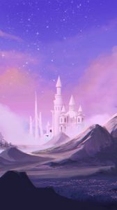 Превью обои замок, башни, облака, арт, фиолетовый
