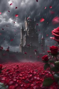 Превью обои замок, дождь, розы, лепестки, арт