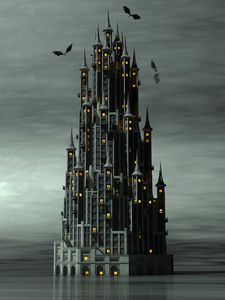 Превью обои замок, драконы, туман, здание, фантастика