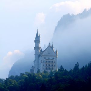 Превью обои замок, дворец, башня, лес, туман