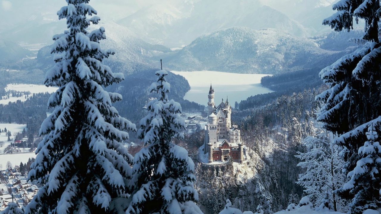 Обои замок, город, небо, лес, зима, снег