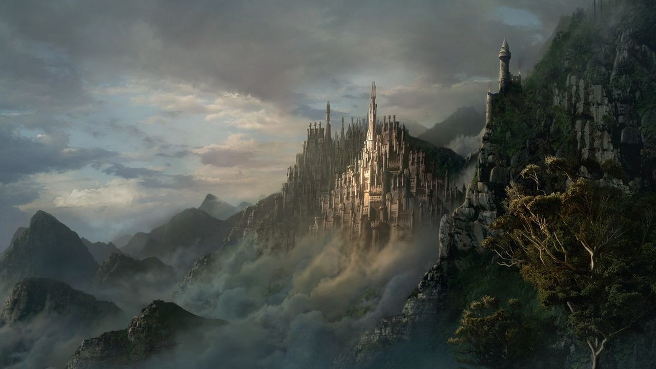 Обои замок, горы, город, туман