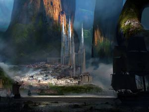 Превью обои замок, горы, скалы, арт