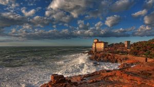 Превью обои замок, италия, небо, побережье, boccale castle livorno, облака, hdr