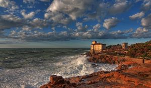 Превью обои замок, италия, небо, побережье, boccale castle livorno, облака, hdr