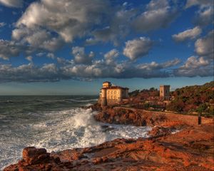 Превью обои замок, италия, небо, побережье, boccale castle livorno, облака, hdr