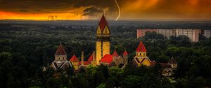 Превью обои замок, лес, молния, облака, темный