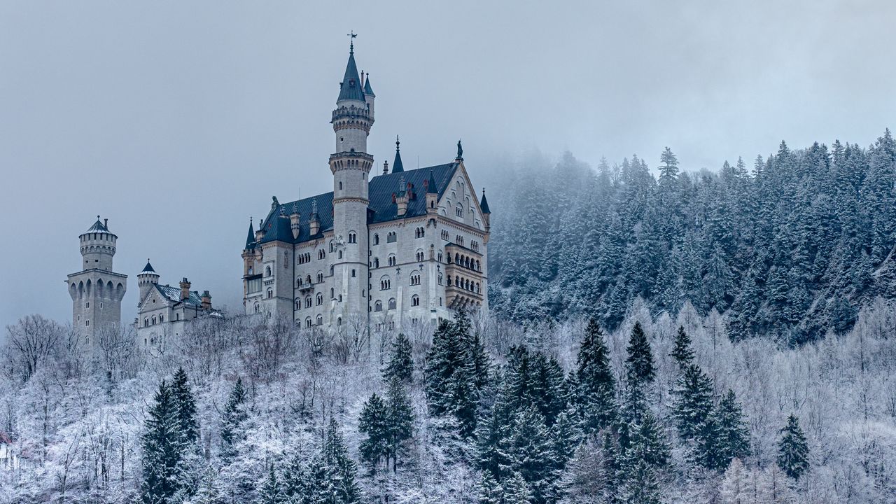 Обои замок, лес, снег, зима, архитектура