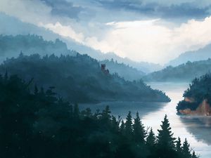 Превью обои замок, лес, туман, арт