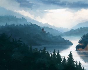 Превью обои замок, лес, туман, арт