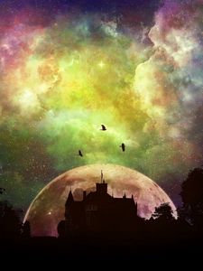 Превью обои замок, луна, мистический, планета, звезды
