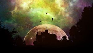 Превью обои замок, луна, мистический, планета, звезды