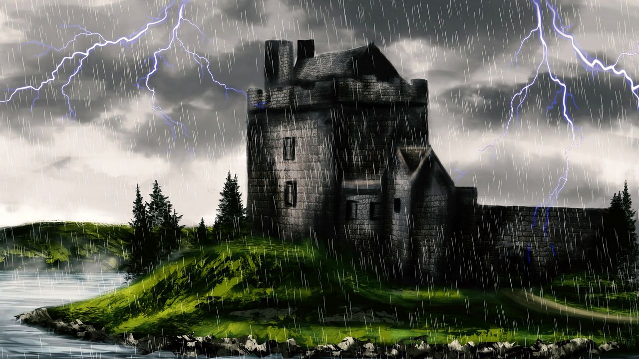 Обои замок, мрак, дождь, арт