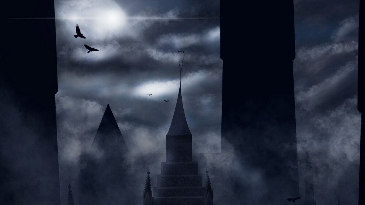 Обои замок, ночь, туман, темный, арт