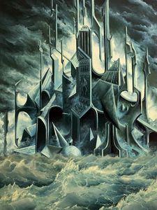 Превью обои замок, облака, море, волны, арт, серый
